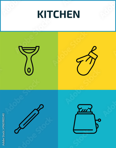 kitchen outline icon set. 4 linear vector for ui, web and mobile. thin line peeler, kitchen mitten, rolling pin, toaster icons.