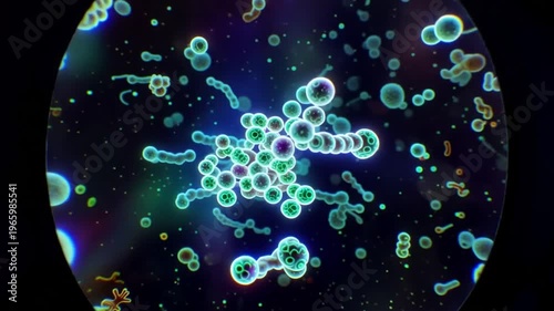 Microscopic view of glowing blue cells with colorful centers through a microscope lens on a dark background for science or medical use