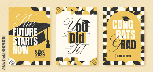 Graduation poster set with class of 2026 messages and modern typography design. Vector illustration