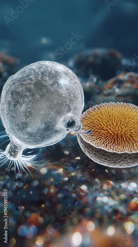 Microscopic view of a virus infecting a cell in a petri dish on a laboratory counter with a blurred background