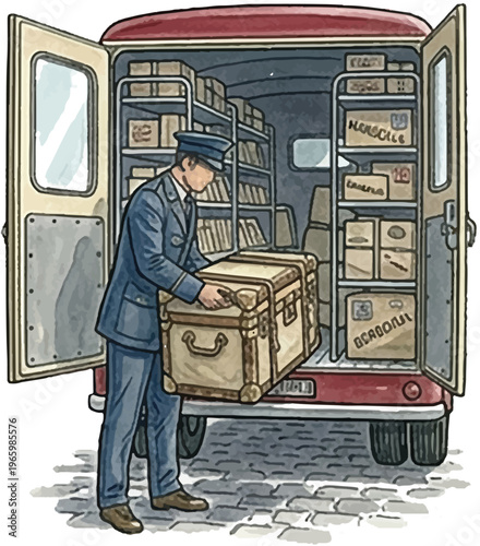 Vintage Postman Loading Large Wooden Crate into Open Red Postal Delivery Van Retro Illustration