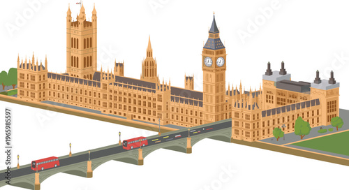 Isometric Houses of Parliament London with Big Ben and Westminster Bridge, detailed British landmark illustration for travel architecture and city design