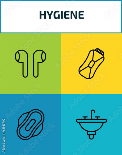 hygiene outline icon set. 4 linear vector for ui, web and mobile. thin line ear buds, epliator, hygienic pad, washbasin icons.