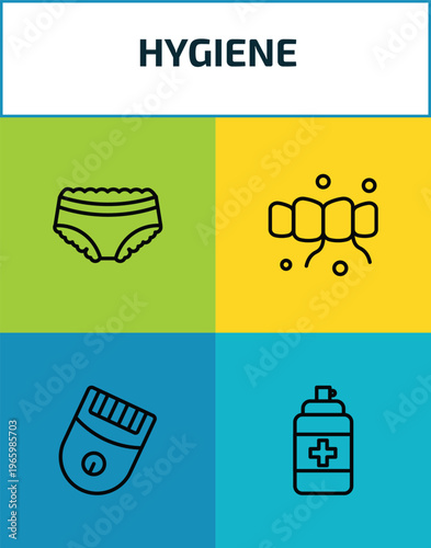 hygiene outline icon set. 4 linear vector for ui, web and mobile. thin line underwear, flossing, epilator, antiseptic icons.