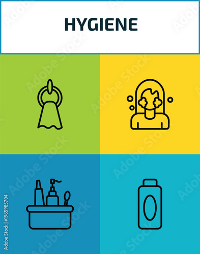 hygiene outline icon set. 4 linear vector for ui, web and mobile. thin line face towel, face washer, hygiene kit, hair tonic icons.