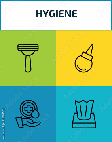 hygiene outline icon set. 4 linear vector for ui, web and mobile. thin line shaving razor, l aspirator, sanitary, tissues icons.