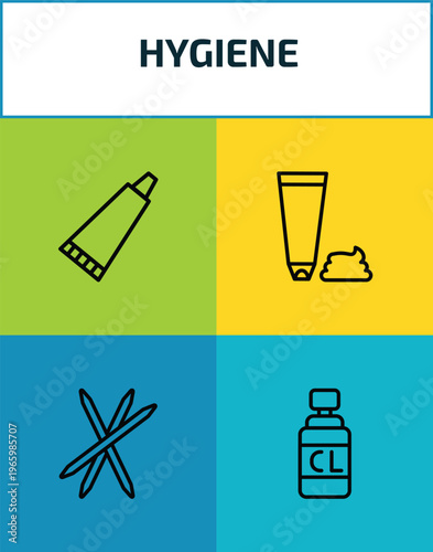 hygiene outline icon set. 4 linear vector for ui, web and mobile. thin line tooth paste, shaving gel, toothpick, chlorine icons.