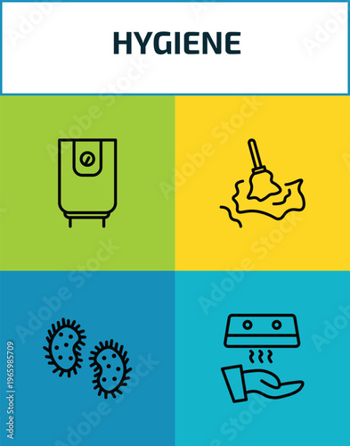 hygiene outline icon set. 4 linear vector for ui, web and mobile. thin line water heater, wet cleaning, microbes, hand dryer icons.