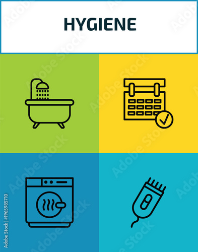 hygiene outline icon set. 4 linear vector for ui, web and mobile. thin line bathroom, appointment book, dryer, electric razor icons.