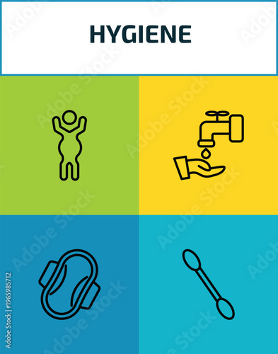 hygiene outline icon set. 4 linear vector for ui, web and mobile. thin line body shaming, ablution, sanitary napkin, cotton swab icons.