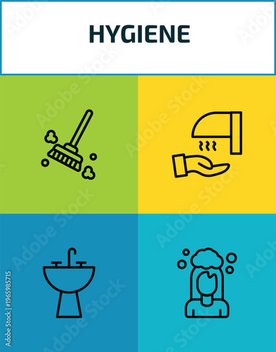 hygiene outline icon set. 4 linear vector for ui, web and mobile. thin line dust cleaning, drying hands, washbowl, hair washing icons.