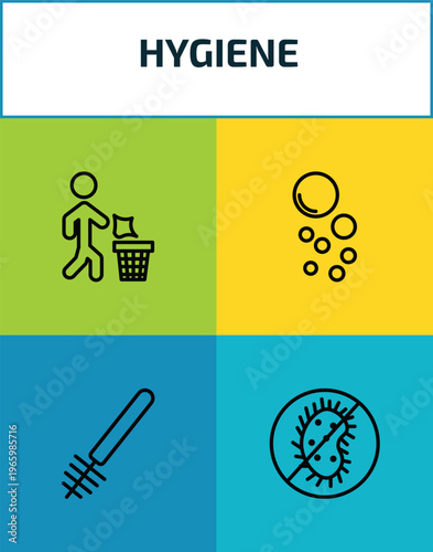 hygiene outline icon set. 4 linear vector for ui, web and mobile. thin line throw, bubble, toilet brush, antibacterial icons.