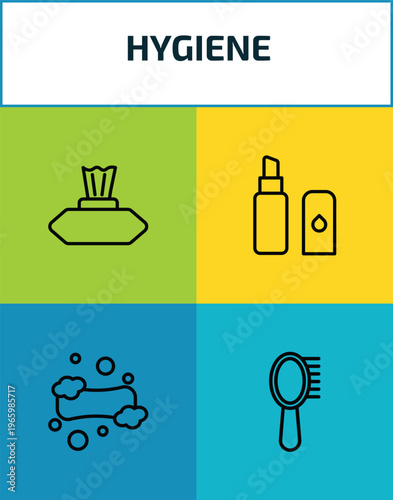 hygiene outline icon set. 4 linear vector for ui, web and mobile. thin line baby wipe, lip balm, lather, primp icons.