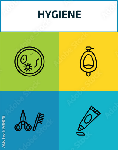 hygiene outline icon set. 4 linear vector for ui, web and mobile. thin line pathogen, urinal, grooming, gel icons.