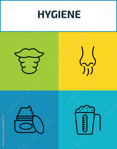 hygiene outline icon set. 4 linear vector for ui, web and mobile. thin line beardy, body odour, body cream, detergent dose icons.