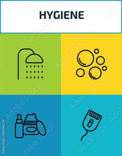 hygiene outline icon set. 4 linear vector for ui, web and mobile. thin line douche, bubbles, cosmetics, depilator icons.