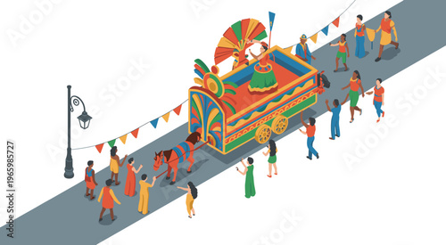Isometric illustration of colorful street festival parade with decorated float, dancing people, cultural celebration, urban event scene, vibrant community lifestyle concept