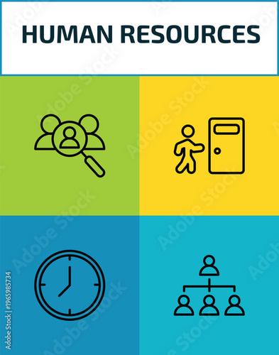 human resources outline icon set. 4 linear vector for ui, web and mobile. thin line recruitment, exit interview, time, company structure icons.