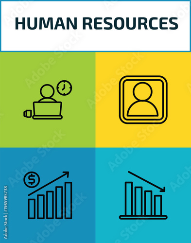 human resources outline icon set. 4 linear vector for ui, web and mobile. thin line working, profiles, earnings, attrition icons.