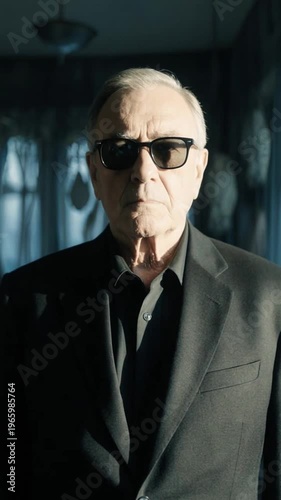 Mysterious older man in dark suit and sunglasses standing indoors with dimly lit background and window blinds. Possible use Business or thriller concept