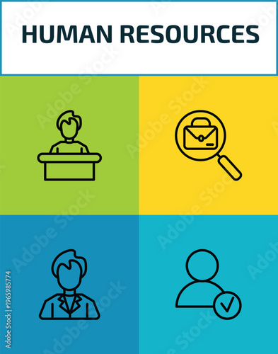 human resources outline icon set. 4 linear vector for ui, web and mobile. thin line boss, job, employee, hired icons.