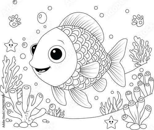 Cute cartoon fish with detailed scales underwater scene, coral reef, bubbles and starfish, black and white line art illustration for kids coloring book page