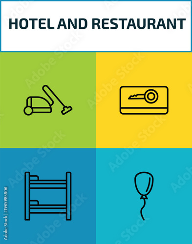 hotel and restaurant outline icon set. 4 linear vector for ui, web and mobile. thin line vacuum cleaner, key card, bunk bed, balloon icons.