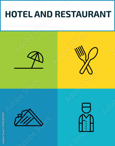 hotel and restaurant outline icon set. 4 linear vector for ui, web and mobile. thin line beach umbrella, restaurant, sandwich, bellboy icons.