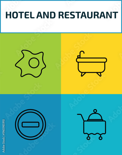 hotel and restaurant outline icon set. 4 linear vector for ui, web and mobile. thin line fried egg, bathtub, do not disturb, room service icons.