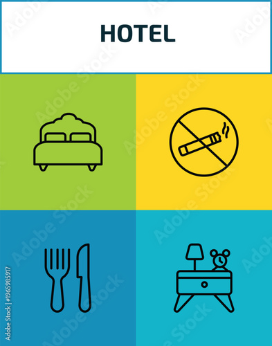 hotel outline icon set. 4 linear vector for ui, web and mobile. thin line beds, no smoking, cutlery, nightstand icons.