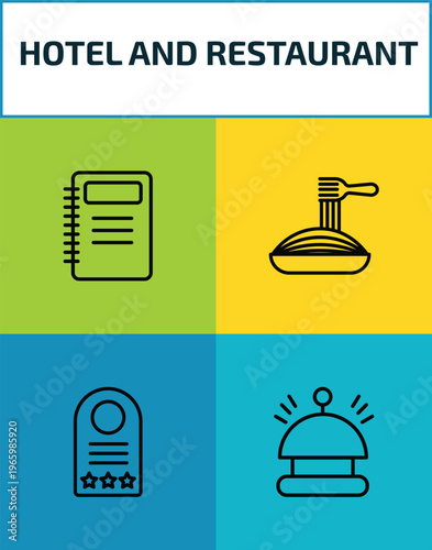 hotel and restaurant outline icon set. 4 linear vector for ui, web and mobile. thin line agenda, spaghetti, door hanger, reception bell icons.