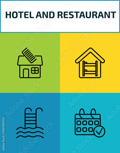 hotel and restaurant outline icon set. 4 linear vector for ui, web and mobile. thin line barbershop, hostel, pool, reservation icons.