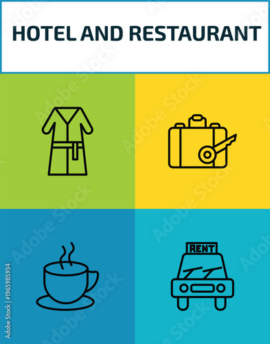 hotel and restaurant outline icon set. 4 linear vector for ui, web and mobile. thin line bathrobe, left-luggage, coffee, rent a car icons.