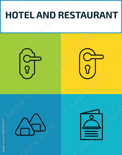 hotel and restaurant outline icon set. 4 linear vector for ui, web and mobile. thin line doorknob, doorknob, onigiri, menu icons.