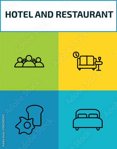 hotel and restaurant outline icon set. 4 linear vector for ui, web and mobile. thin line people, lounge, breakfast, double bed icons.