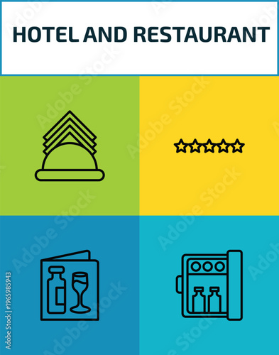 hotel and restaurant outline icon set. 4 linear vector for ui, web and mobile. thin line napkins, five stars, wine menu, minibar icons.