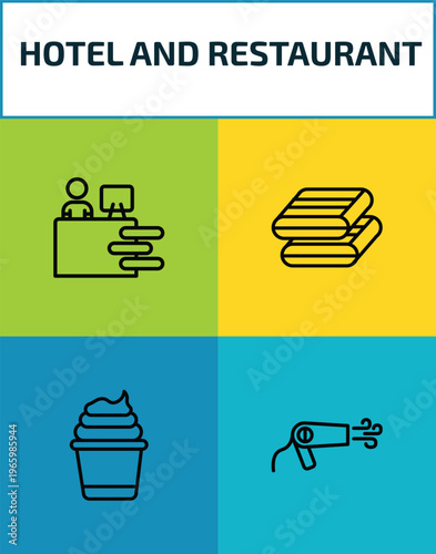 hotel and restaurant outline icon set. 4 linear vector for ui, web and mobile. thin line receptionist, towels, frozen yogurt, hairdryer icons.