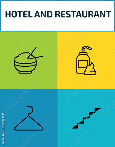hotel and restaurant outline icon set. 4 linear vector for ui, web and mobile. thin line rice, lotion, hanger, stairway icons.