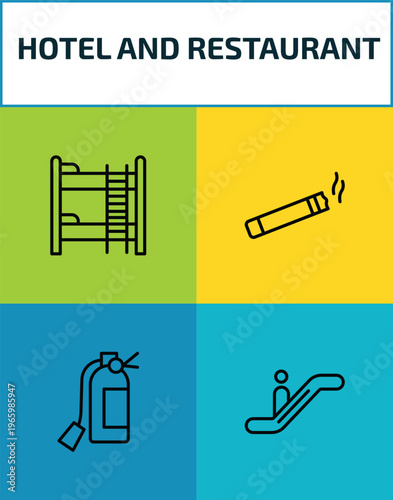 hotel and restaurant outline icon set. 4 linear vector for ui, web and mobile. thin line bunk, smoking, fire extinguisher, or icons.