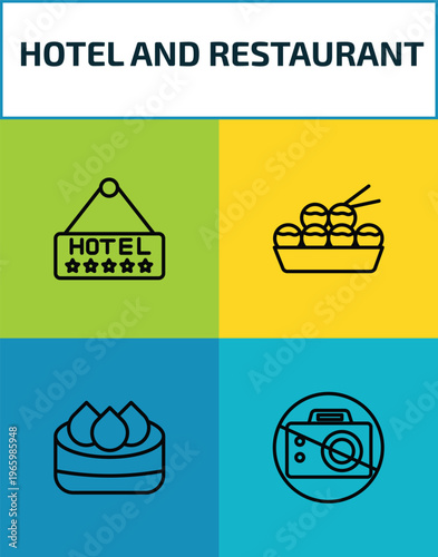 hotel and restaurant outline icon set. 4 linear vector for ui, web and mobile. thin line hotel, takoyaki, dim sum, no pictures icons.