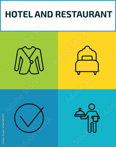 hotel and restaurant outline icon set. 4 linear vector for ui, web and mobile. thin line suits, single bed, check in, servant icons.