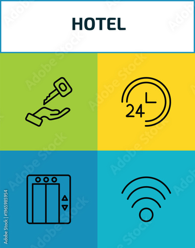 hotel outline icon set. 4 linear vector for ui, web and mobile. thin line valet, 24 service, elevator, free wifi icons.
