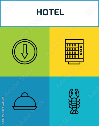 hotel outline icon set. 4 linear vector for ui, web and mobile. thin line go down, vending hine, dish, lobster icons.