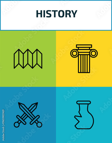 history outline icon set. 4 linear vector for ui, web and mobile. thin line trifold, ancient, swords, archaeological icons.