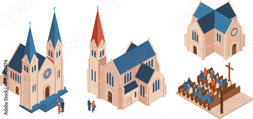 Isometric illustration set of christian churches with congregation, religious architecture buildings, worship service scene, spiritual community, faith and culture concept