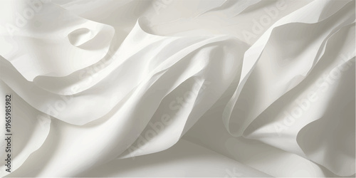 Luxurious white silk fabric draping softly, creating elegant smooth surface with delicate sheen, highlighting refined wedding or event decorative background