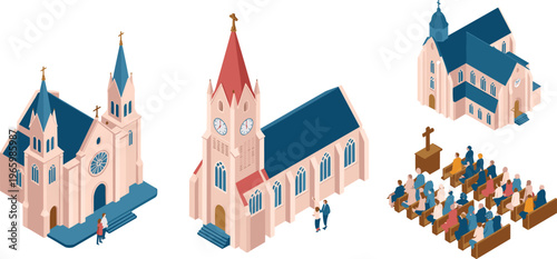Isometric illustration set of christian churches with congregation, religious buildings, worship service scene, architecture landmarks, spiritual community concept design