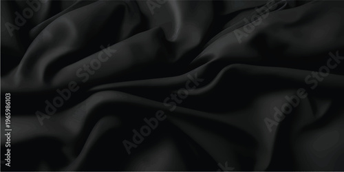 Elegant black satin fabric textile creates a smooth rippled texture with luxurious shiny waves for a soft fashion backdrop or elegant drapery material