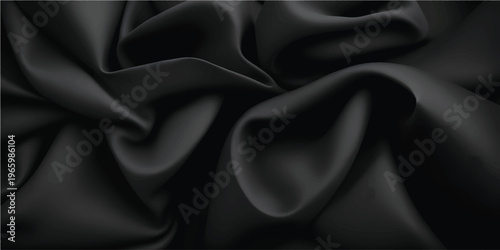 A luxurious black satin fabric background features smooth silk textile waves and elegant drapery textures creating a soft shiny backdrop for fashion decoration and luxurious bedding