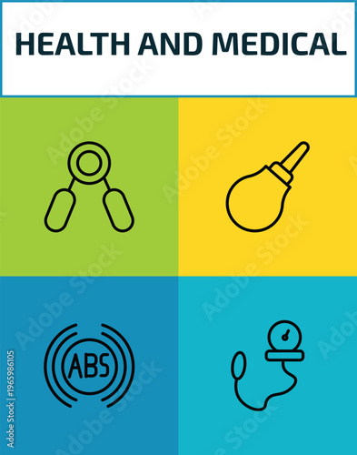 health and medical outline icon set. 4 linear vector for ui, web and mobile. thin line handgrip, enema, abs, tonometer icons.